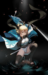 Rule 34 | 1girl, absurdres, ahoge, arm guards, black bow, black scarf, black thighhighs, blonde hair, bow, breasts, closed mouth, dymao, fate (series), hair between eyes, hair bow, hands up, haori, highres, holding, holding sword, holding weapon, japanese clothes, katana, kimono, knee up, koha-ace, long sleeves, looking at viewer, okita souji (fate), okita souji (koha-ace), on one knee, panties, pantyshot, petals, ripples, scabbard, scarf, sheath, shinsengumi, short hair, short kimono, sitting, solo, squatting, standing, standing on liquid, sword, thighhighs, toeless legwear, toes, underwear, unsheathed, weapon, white kimono, white panties, yellow eyes, zettai ryouiki