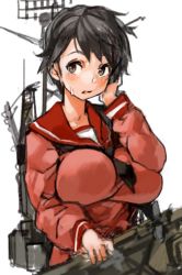 Rule 34 | 10s, 1girl, alternate breast size, black hair, blush, breasts, brown eyes, collarbone, female focus, hand on own cheek, hand on own face, kantai collection, large breasts, long sleeves, looking up, machinery, mogami (kancolle), open mouth, sachito, school uniform, serafuku, short hair, simple background, solo, sweatdrop, upper body, very short hair, white background