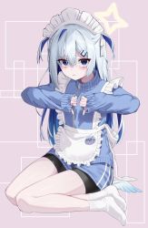 Rule 34 | 1girl, amane kanata, apron, bike shorts, blue hair, colored inner hair, empty eyes, grey hair, hair ornament, hairclip, highres, hololive, jacket, jersey maid, k mugura, long hair, looking at viewer, maid, maid headdress, multicolored hair, parted lips, sitting, socks, solo, thumbs down, track jacket, two side up, unconventional maid, virtual youtuber, waist apron