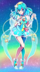Rule 34 | 1girl, absurdres, ankle boots, aqua choker, aqua dress, aqua eyes, aqua footwear, aqua hair, aqua pantyhose, back bow, blue bracelet, boots, bow, cure milky, dress, earrings, full body, hagoromo lala, hair ornament, hairband, high heel boots, high heels, highres, huge bow, index finger raised, jewelry, looking at viewer, magical girl, medium hair, mitsuki tayura, pantyhose, pointy ears, pouch, precure, puffy short sleeves, puffy sleeves, rainbow, see-through, see-through sleeves, short dress, short sleeves, single thighhigh, sky, smile, solo, sparkle, standing, star-shaped pupils, star (sky), star (symbol), star earrings, star hair ornament, star twinkle precure, starry sky, symbol-shaped pupils, tanzaku, thighhighs, white bow, yellow hairband