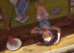 Rule 34 | 1girl, barefoot, blue eyes, breasts, brown hair, cleavage, cup, electric fan, food, fruit, hand fan, hot, light, long hair, looking at viewer, lying, midriff, navel, on back, open mouth, original, paper fan, plate, popsicle, shade, short hair, shorts, solo, suzuno (bookshelf), sweat, tatami, uchiwa, unbuttoned, unzipped, upside-down, veranda, watermelon