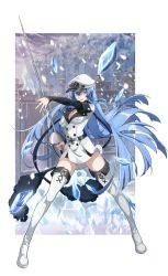 Rule 34 | 1girl, akame ga kill!, black sleeves, blue eyes, blue hair, boots, border, breasts, cleavage, dress, esdeath, floating hair, full body, hair between eyes, hat, highres, holding, holding weapon, k12io, long hair, long sleeves, looking at viewer, medium breasts, military, military hat, military uniform, open mouth, rapier, short dress, smile, snowing, solo, standing, sword, thigh boots, thighhighs, uniform, very long hair, weapon, white border, white dress, white hat, zettai ryouiki