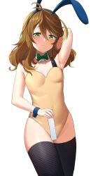 Rule 34 | 1girl, absurdres, amicia michella, animal ears, arm behind head, armpits, bare shoulders, black thighhighs, blonde hair, blush, bow, bowtie, breasts, brown hair, covered navel, cowboy shot, detached collar, dobure18, fake animal ears, female focus, green bow, green eyes, hair between eyes, highleg, highleg leotard, highres, leotard, long hair, looking at viewer, measuring, multicolored hair, nijisanji, nijisanji id, nose blush, penis measuring, playboy bunny, rabbit ears, ruler, simple background, small breasts, solo, streaked hair, thighhighs, virtual youtuber, white background, wrist cuffs, yellow leotard