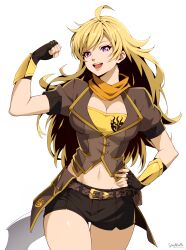 Rule 34 | 1girl, absurdres, belt, black gloves, black shorts, blonde hair, breasts, brown belt, cleavage, commission, cowboy shot, fingerless gloves, flexing, gloves, highres, large breasts, long hair, messy hair, micro shorts, navel, orange scarf, purple eyes, rwby, scarf, shorts, standing, stayaliveplz, very long hair, white background, yang xiao long