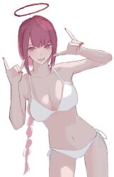 Rule 34 | 1girl, bikini, blush, breasts, chainsaw man, cleavage, collarbone, fingernails, fox shadow puppet, halo, hands up, highres, large breasts, looking at viewer, makima (chainsaw man), nail polish, navel, ponytail, red eyes, red hair, side-tie bikini bottom, sidelocks, simple background, smile, solo, stomach, string bikini, swimsuit, white background, white bikini, yumiki