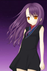 Rule 34 | 1girl, bare arms, beatrice (wild arms), black dress, breasts, cowboy shot, dress, expressionless, gradient background, long hair, megimegyo, open mouth, purple hair, short dress, sidelocks, sleeveless, sleeveless dress, smile, solo, turtleneck, wild arms, wild arms 3, wind, yellow eyes