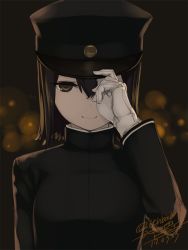 Rule 34 | 10s, 1girl, akitsu maru (kancolle), black eyes, black hair, black hat, breasts, gloves, hat, hat over one eye, kantai collection, large breasts, looking at viewer, military, military hat, military uniform, peaked cap, rokuwata tomoe, short hair, smile, solo, uniform, upper body, white gloves
