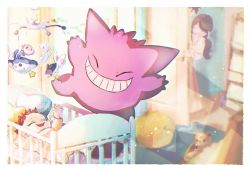 Rule 34 | 1girl, 2others, baby, bad id, bad pixiv id, brown hair, character doll, closed eyes, commentary request, covering own mouth, creatures (company), crib, door, finneon, game freak, gen 1 pokemon, gen 2 pokemon, gen 4 pokemon, gen 5 pokemon, gengar, hand to own mouth, highres, horsea, indoors, long hair, long sleeves, lying, mantyke, mobile, multiple others, nao (naaa 195), nintendo, on back, opening door, pokemon, pokemon (creature), smile, star (symbol), teddiursa, tympole