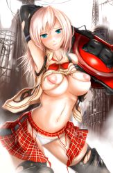 Rule 34 | 10s, 1girl, alisa ilinichina amiella, black thighhighs, blonde hair, blue eyes, boots, breasts, dress, female focus, god eater, god eater 2: rage burst, inverted nipples, large areolae, large breasts, long hair, nipples, nonoririn, panties, plaid, plaid dress, skirt, solo, thigh boots, thighhighs, torn clothes, underboob, underwear