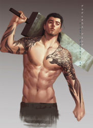 Rule 34 | 1boy, beard, brown hair, facial hair, final fantasy, final fantasy xv, gladiolus amicitia, male focus, manly, over shoulder, scar, topless male, solo, str (str2016), sword, sword over shoulder, tattoo, weapon, weapon over shoulder