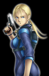 Rule 34 | 1girl, ass, bag, black background, blonde hair, blue eyes, bodysuit, breasts, capcom, gun, holding, holding gun, holding weapon, jill valentine, large breasts, long hair, long sleeves, looking at viewer, parted lips, ponytail, resident evil, resident evil 5, serious, sideboob, simple background, solo, standing, thor (deep rising), upper body, weapon