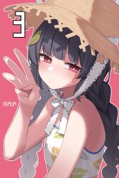 Rule 34 | 1girl, absurdres, averting eyes, bikini, black hair, blue archive, blush, braid, bright pupils, finger counting, hat, highres, leaf, leaf on head, leaf print, long hair, miyu (blue archive), miyu (swimsuit) (blue archive), numbered, official alternate costume, outline, red background, red eyes, rirua (kjom802), simple background, solo, straw hat, sweatdrop, swimsuit, twin braids, upper body, very long hair, w, white bikini, white outline