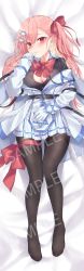 Rule 34 | 1girl, absurdres, belt, black pantyhose, blush, bow, bowtie, braid, breasts, cleavage, covered erect nipples, dakimakura (medium), from above, full body, girls&#039; frontline, gloves, grey shirt, hair between eyes, hair bow, hair ornament, hair ribbon, hairclip, hexagram, highres, jingo, long hair, long sleeves, looking at viewer, lying, medium breasts, negev (girls&#039; frontline), no shoes, on back, one side up, pantyhose, parted lips, partially unbuttoned, pink hair, red bow, red bowtie, red eyes, ribbon, sample watermark, shirt, skirt, solo, star of david, thumb to mouth, watermark, white gloves, white skirt
