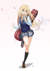 Rule 34 | 1girl, :d, absurdres, black socks, blonde hair, blue eyes, blue shirt, blue sweater, brown footwear, collared shirt, floating hair, full body, grey skirt, hair between eyes, highres, kneehighs, loafers, long hair, long sleeves, looking at viewer, miniskirt, miyazono kawori, open mouth, pleated skirt, school uniform, shigatsu wa kimi no uso, shirt, shoes, sing (pixiv65232711), skirt, smile, socks, solo, standing, standing on one leg, straight hair, sweater, sweater vest, very long hair, violin case, white background, wing collar