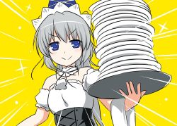 Rule 34 | 1girl, :&gt;, black ribbon, blue eyes, blue hat, blush, cpu (hexivision), grey hair, hat, looking at viewer, mononobe no futo, plate, ribbon, smile, solo, touhou, tray, yellow background