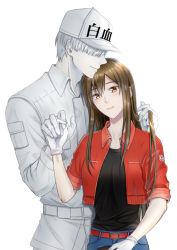 Rule 34 | 1boy, 1girl, bad id, bad pixiv id, baseball cap, belt, black shirt, brown hair, character name, closed mouth, colored skin, couple, gloves, hair over eyes, hand in another&#039;s hair, hat, holding, holding hands, interlocked fingers, jacket, long hair, long sleeves, looking at viewer, military jacket, open clothes, open jacket, print headwear, red belt, red jacket, shirt, simple background, sleeves rolled up, smile, straight hair, white background, white belt, white gloves, white headwear, white jacket, white skin, wing collar, yellow eyes