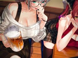 Rule 34 | 2girls, akasaai, alcohol, bare shoulders, beer mug, black choker, blush, booth seating, breasts, choker, cleavage, cleavage cutout, clothing cutout, cup, from above, green eyes, grey hair, hair ribbon, hand on own cheek, hand on own face, highres, hololive, houshou marine, large breasts, mug, multiple girls, off-shoulder sweater, off shoulder, open mouth, plaid, plaid skirt, red hair, ribbed sweater, ribbon, shirogane noel, shirogane noel (casual), shirt, short hair, sitting, skirt, sleeveless, sleeveless shirt, sweater, table, thighhighs, virtual youtuber, white sweater, wooden table, yellow eyes