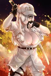 Rule 34 | 1girl, baseball cap, belt, black gloves, blouse, breast pocket, breasts, cleavage, clothes writing, employee uniform, fingerless gloves, frown, gloves, hair over one eye, hat, hataraku saibou, hataraku saibou black, highres, holding, holding sword, holding weapon, holster, large breasts, legs apart, long hair, looking at viewer, no bra, open clothes, open shirt, pants, pocket, shirt, solo, standing, sword, thigh holster, u-0001, u-1196, uniform, weapon, white blood cell (hataraku saibou), white hair, white hat, white shirt