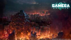 Rule 34 | building, city, claw mark, cloud, copyright name, daiei film, destruction, embers, engi (animation studio), english text, fire, flying, gamera, gamera (series), gamera -rebirth-, giant, giant monster, gyaos, kadokawa, kaijuu, logo, monster, movie poster, night, no humans, official art, promotional art, sea monster, shell, show poster, skyscraper, smoke, symbol, tail, teaser poster, title, turtle, turtle shell, wings