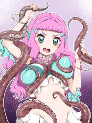 Rule 34 | 1girl, aqua eyes, bracelet, breasts, breasts squeezed together, commentary request, fins, head fins, highres, jewelry, large breasts, laura (precure), long hair, mermaid, midriff, monster girl, navel, open mouth, pink hair, precure, solo, stomach, teeth, tentacles, tropical-rouge! precure, upper teeth only, zootan