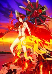 Rule 34 | 1girl, bikini, fate/grand order, fate (series), fire, hat, long hair, looking at viewer, oda nobunaga (fate), oda nobunaga (koha-ace), oda nobunaga (maou avenger) (fate), official art, pako (pakosun), red eyes, red hair, red sky, sky, swimsuit, weapon