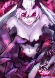 Rule 34 | abyssal ship, anchorage princess, artist name, blurry, breasts, cleavage, colored skin, dated, depth of field, e snow jp, elbow gloves, gloves, kantai collection, navel, pink eyes, purple gloves, sketch, solo, torn clothes, twitter username, white hair, white skin, wings