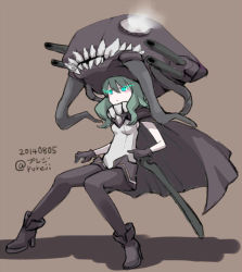 Rule 34 | 10s, 1girl, 2014, abyssal ship, bodysuit, boots, cane, cape, dated, gloves, glowing, glowing eyes, green eyes, green hair, grey background, hat, high heel boots, high heels, kantai collection, pale skin, pureji oshou, teeth, tentacles, twitter username, wo-class aircraft carrier