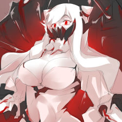 Rule 34 | 10s, 1girl, abyssal ship, bebebe (pepegakii), breasts, cleavage, collarbone, colored skin, covered mouth, dress, horns, kantai collection, large breasts, long hair, long sleeves, looking at viewer, mask, midway princess, pale skin, red eyes, sketch, solo, veins, very long hair, white dress, white hair, white skin