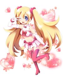 Rule 34 | 1girl, ;d, blonde hair, blue eyes, blush, boots, bow, disgaea, disgaea d2, elbow gloves, flonne, flower, gloves, heart, high heel boots, high heels, long hair, magical girl, multicolored eyes, navel, one eye closed, open mouth, pink bow, pink footwear, pure flonne, satsuki suzuran, skirt, smile, solo, thigh boots, thighhighs, twintails, v, v over eye, very long hair, wink