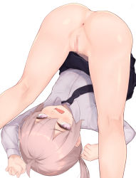 Rule 34 | 1girl, absurdres, ahoge, anus, ass, black skirt, blush, censored, collared shirt, commission, girls&#039; frontline, grey hair, highres, long sleeves, looking at viewer, m200 (girls&#039; frontline), mari0ball, mosaic censoring, necktie, open mouth, purple eyes, pussy, shirt, simple background, skeb commission, skirt, solo, upside-down, white background, white shirt