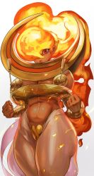 Rule 34 | 1girl, breasts, capcom, cleavage, colored skin, cowboy shot, fire, hair over one eye, hand on own hip, highres, hip focus, large breasts, lips, looking at viewer, midriff, navel, noblood (ryandomonica), orange hair, pasties, power stone, red eyes, red skin, rouge (power stone), simple background, smile, solo, tassel, thighs, white background