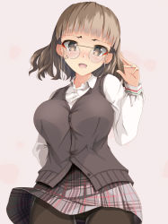 Rule 34 | 1girl, alternate costume, arm up, black pantyhose, blush, breasts, brown eyes, buttons, eyewear strap, glasses, grey vest, italian flag, jewelry, kantai collection, large breasts, long sleeves, momin, open mouth, pantyhose, pince-nez, ring, roma (kancolle), school uniform, shirt, skirt, smile, solo, vest, wedding band, white shirt