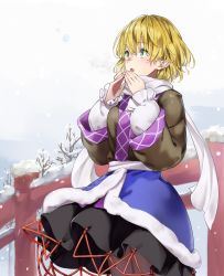 Rule 34 | 1girl, akizuki haruhi, bare tree, black skirt, blonde hair, bridge, brown shirt, cold, commentary request, cowboy shot, fingers together, green eyes, hair between eyes, hands up, long sleeves, looking up, mizuhashi parsee, outdoors, pointy ears, scarf, shirt, skirt, snow, snowing, solo, touhou, tree, white scarf, wide sleeves, winter