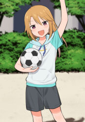 Rule 34 | 1girl, absurdres, arm up, ball, blonde hair, blush, commentary request, cowboy shot, drawstring, foliage, grey shorts, hair between eyes, hand out of frame, highres, holding, holding ball, hood, hood down, hoodie, idolmaster, idolmaster cinderella girls, long hair, looking at viewer, meis (terameisu), open mouth, outdoors, purple eyes, short sleeves, shorts, sidelocks, smile, soccer ball, solo, standing, tree, yuuki haru