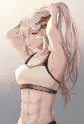 Rule 34 | 1girl, abs, arknights, armpits, arms up, bag, bandaid, bandaid on face, bare arms, beige background, breasts, cleavage, collarbone, commentary, dragon horns, grey background, hair tie, hair tie in mouth, highres, horns, long hair, medium breasts, midriff, mouth hold, muscular, muscular female, navel, orange eyes, saria (arknights), signature, silver hair, solo, sports bra, tou zii, two-tone background, tying hair, upper body, white sports bra