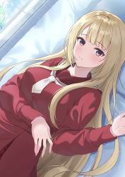 Rule 34 | 1girl, arm under breasts, assault lily, bed, blonde hair, blouse, blunt bangs, blush, breasts, brown sailor collar, closed mouth, collarbone, commentary, day, fingernails, hair spread out, hand up, high-waist skirt, highres, indoors, kanba girls high school uniform, kon (kon9d), long hair, long sleeves, looking at viewer, lying, medium breasts, miyagawa takane, necktie, on back, on bed, purple eyes, red shirt, red skirt, sailor collar, school uniform, serafuku, shirt, short necktie, sidelocks, skirt, solo, upper body, very long hair, white necktie, window