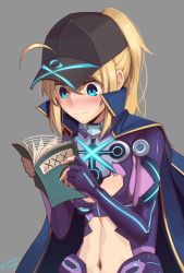 Rule 34 | 1girl, ahoge, artoria pendragon (fate), baseball cap, black hat, blonde hair, blue eyes, blue jacket, blush, boa (brianoa), breasts, cleavage cutout, clothing cutout, fate/grand order, fate (series), grey background, hair through headwear, hat, highres, jacket, manga (object), mysterious heroine x (fate), mysterious heroine x (third ascension) (fate), navel, navel cutout, nose blush, ponytail, reading, simple background, small breasts, solo, sweat, twitter username, upper body