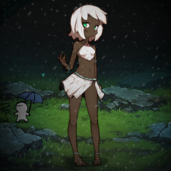 1boy 1girl 1other :i artist_self-insert bare_shoulders barefoot_sandals_(jewelry) bracelet breasts check_clothing clothing_request criss-cross_halter crop_top dark-skinned_female dark_skin dinosaur full_body grass green_eyes halterneck jewelry navel on_grass original outdoors rain rock short_hair skirt skirt_cutout small_breasts srgrafo standing umbrella very_dark_skin white_hair white_skirt