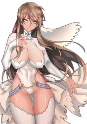 Rule 34 | 1girl, absurdres, anchorage akiko, breasts, brown hair, cameltoe, covered navel, detached sleeves, floral print, girls&#039; frontline, gluteal fold, green eyes, hand on own chest, highres, huge breasts, lee-enfield (girls&#039; frontline), leotard, lips, long hair, looking at viewer, navel, outstretched arm, see-through, solo, thigh gap, thighhighs, veil, white background, wide hips, wind