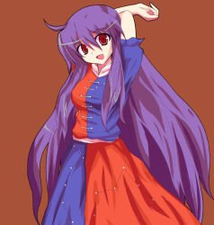 Rule 34 | 1girl, alphes (style), borrowed character, cosplay, dress, female focus, fictional persona, gender request, genderswap, long hair, morswa, open mouth, parody, purple hair, red eyes, reisen udongein inaba, simple background, smile, solo, style parody, touhou, very long hair, yagokoro eirin, yagokoro eirin (cosplay)