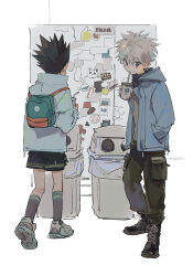 Rule 34 | 2boys, 4sssst, absurdres, alternate costume, backpack, bag, baggy pants, black hair, child, cup, disposable cup, drinking straw, full body, gon freecss, highres, holding, holding cup, hunter x hunter, jacket, killua zoldyck, long sleeves, looking at viewer, male focus, multiple boys, pants, short hair, shorts, simple background, spiked hair, sticker, trash can, white background, white hair, white jacket