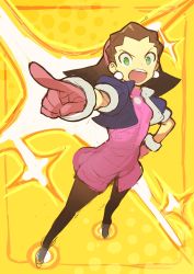 Rule 34 | 1girl, black pantyhose, breasts, brown hair, cropped jacket, earrings, full body, gloves, green eyes, hair pulled back, hairband, hand on own hip, highres, jewelry, kin niku, legs apart, mega man (series), mega man legends (series), open mouth, pantyhose, pink gloves, pink hairband, pointing, puffy short sleeves, puffy sleeves, short sleeves, small breasts, solo, tron bonne (mega man), v-shaped eyebrows, yellow background