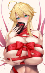 Rule 34 | 1girl, ahoge, aqua eyes, arm under breasts, artoria pendragon (fate), artoria pendragon (lancer) (fate), blonde hair, blush, bow, box, box of chocolates, braid, breasts, chocolate, covering own mouth, eyebrows, fate/grand order, fate (series), french braid, gift, highres, hirasawa seiji, holding, holding box, huge breasts, long hair, looking at viewer, mole, mole on breast, naked ribbon, red ribbon, ribbon, solo, valentine