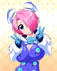 Rule 34 | 1girl, blue eyes, blush, breasts, cleavage, cleavage cutout, clothing cutout, double v, female focus, hair ornament, hair over one eye, halftone, halftone background, large breasts, looking at viewer, newman, original, phantasy star, phantasy star zero, pink hair, pointy ears, rei (holyspirit), short hair, smile, solo, v, wizard-of-obi, zefirumu