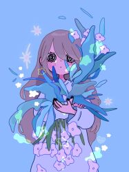 Rule 34 | 1girl, blonde hair, blue background, blue theme, blush stickers, bouquet, closed mouth, expressionless, flower, highres, holding, holding bouquet, long hair, looking at viewer, meitooso, o o, original, shirt, sidelocks, simple background, solo, sparkle, white flower, white shirt