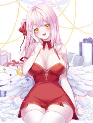 Rule 34 | 1girl, blue archive, breasts, christmas, cleavage, dress, highres, long hair, looking at viewer, luna bloom, mika (blue archive), open mouth, pink hair, red dress, santa costume, smile, solo, strapless, strapless dress, wings, yellow eyes