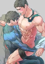 Rule 34 | 2boys, abs, artist name, bara, batman (series), black bodysuit, black hair, black male underwear, blue bodysuit, blush, bodysuit, boxer briefs, bruce wayne, dc comics, dick grayson, domino mask, evinist, father and son, highres, incest, large pectorals, legwear garter, licking, licking nipple, looking at another, male focus, male underwear, male underwear pull, mask, multiple boys, muscular, muscular male, navel, necktie, nightwing, nipple stimulation, nipples, on person, open clothes, open mouth, open shirt, pectorals, saliva, shirt, short hair, sitting, sitting on person, sweat, taut bodysuit, taut clothes, thick thighs, thighs, tongue, tongue out, two-tone bodysuit, underwear, white shirt, yaoi
