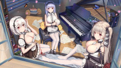 Rule 34 | 3girls, anchor choker, apron, arm up, azur lane, between breasts, bird, black dress, black footwear, black nails, black ribbon, blue hair, blunt bangs, blurry, book, book stack, bookshelf, breasts, bug, butterfly, cake, candle, center frills, chick, cleavage, cleavage cutout, closed mouth, clothing cutout, commentary, day, detached sleeves, dido (azur lane), dress, flower, food, formidable (azur lane), frilled apron, frills, from above, full body, hair between eyes, hair ribbon, hairband, hand up, haneru, highres, indoors, insect, instrument, knee up, lace-trimmed hairband, lace trim, large breasts, long hair, looking at viewer, manjuu (azur lane), multiple girls, nail polish, no shoes, open window, pantyhose, petals, piano, pink eyes, puffy short sleeves, puffy sleeves, red eyes, ribbon, ribbon-trimmed legwear, ribbon trim, short hair, short sleeves, sirius (azur lane), sitting, sleeveless, thighhighs, two-tone dress, two-tone ribbon, underboob, underboob cutout, very long hair, waist apron, white apron, white dress, white hair, white legwear, white ribbon, window, wooden floor