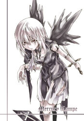 Rule 34 | 00s, 1girl, bare shoulders, doll joints, expressionless, holding, holding sword, holding weapon, joints, monochrome, mouth hold, raid slash, red eyes, rozen maiden, short hair, simple background, solo, spot color, standing, suigintou, sword, weapon, white background, wings