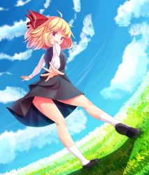 Rule 34 | 1girl, blonde hair, blue sky, cloud, day, fisheye, gradient background, grass, hair ribbon, legs, long sleeves, oimo (imoyoukan), open mouth, outdoors, pink eyes, ribbon, rumia, shirt, skirt, skirt set, sky, smile, solo, touhou, upskirt, vest